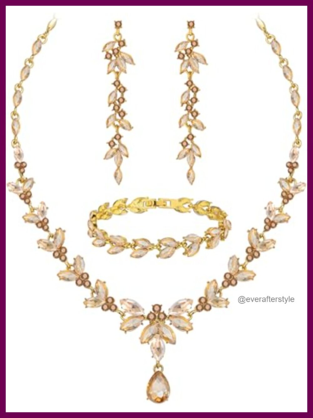 Gold Plated Crystal Necklace Earrings Bracelet Set for Wedding Bridal